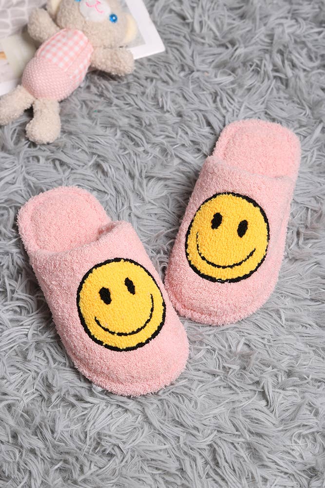 Pink - Children's Happy Face Embroidered Slipper: Medium/Large