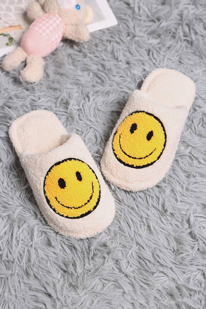 Ivory - Children's Happy Face Embroidered Slipper: Medium/Large