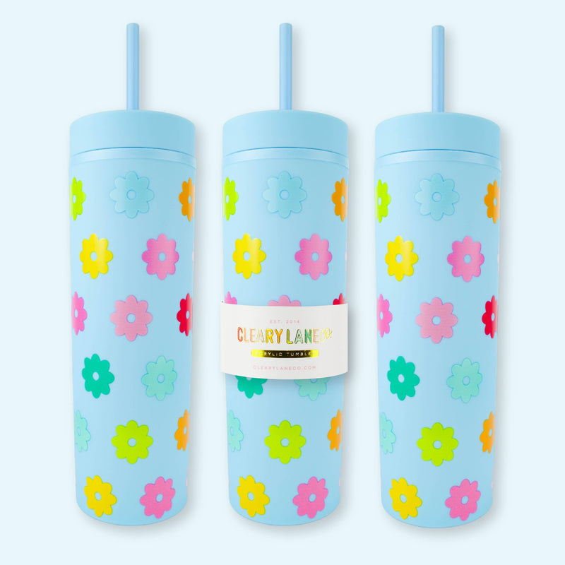 16oz Matte Tumbler Cup UV Printed | Sky Blue Rainbow Flowers