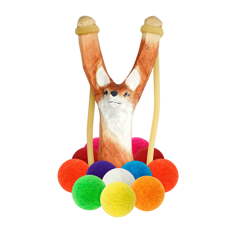 Carved Wooden Fox Slingshot + Felt Ball Ammo