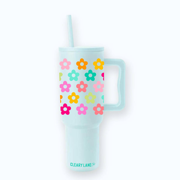 40oz Tumbler with Handle | Choose your color: Mint  Rainbow Flowers